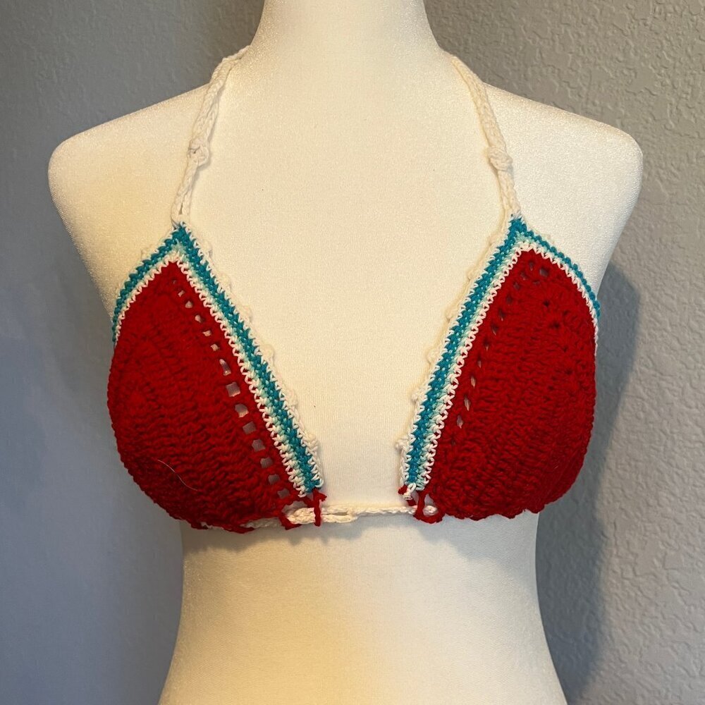 Crochet Bikini Top Lined  Halter‎ Swim Red / Turquoise Festival Boho chic S/M